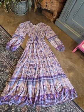Few Moda Boho Purple Floral Peasant Puff Sleeve Maxi Flowy Dress Size Xs